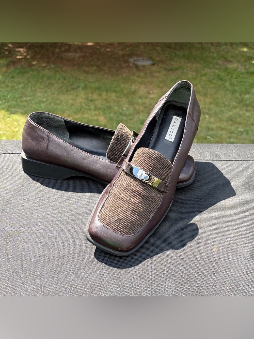 Vintage Calico C-Signature Brown Leather Fabric Metal Bit Loafers Women’s 8.5M